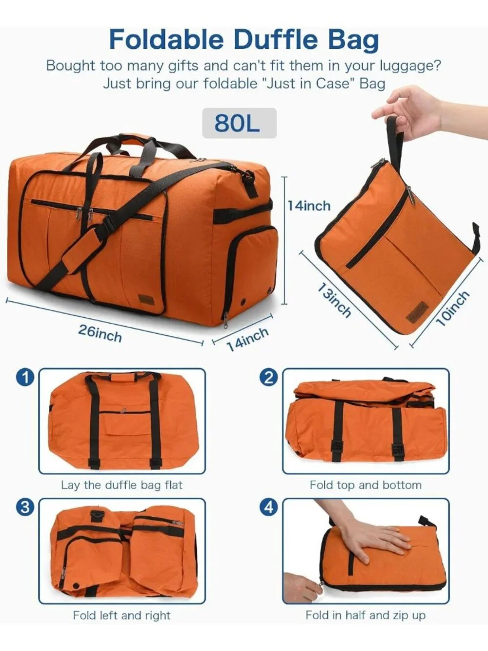 Extra Large 80L Waterproof Duffle Bag for Travel, Foldable with Shoe Compartment
